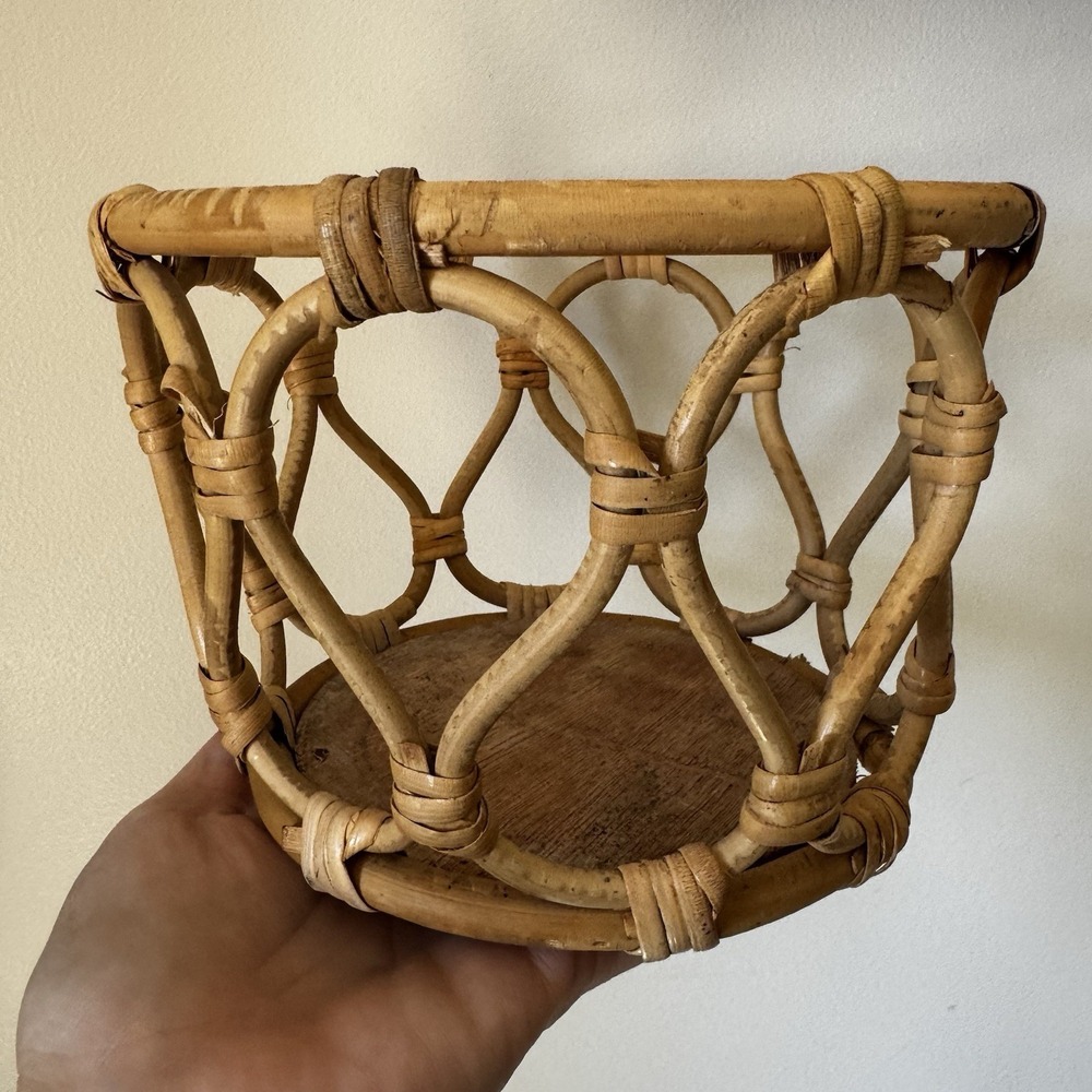 1970's Style Rattan Bamboo Plant Planter Pot MCM Boho Chic Home Decor Catchall
